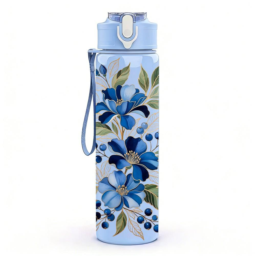 1PC Blue Floral Watercolor Vintage Pattern 750ml Color Plastic Sports Water Bottle Leakproof Flip Straw Lid Suitable for Sports Office Home Use