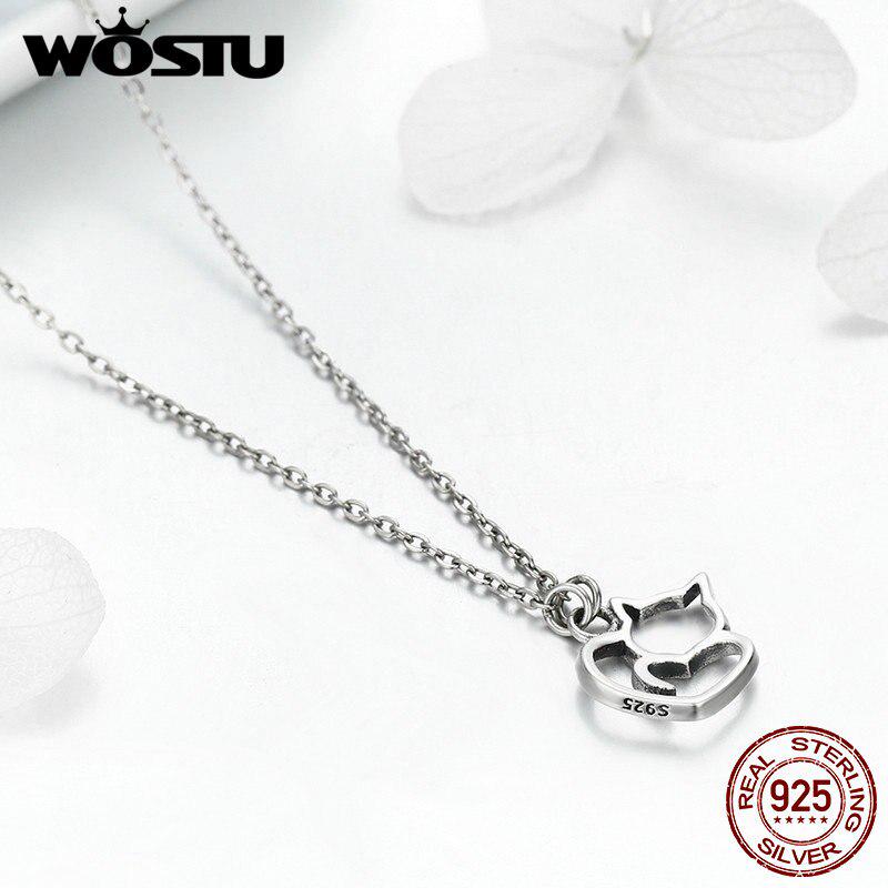 WOSTU Hot Fashion 100% 925 Sterling Silver Lovely Cat Exquisite Women Pendant Necklace