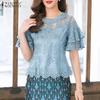 Women Casual Round Neck Short Sleeve Patchwork Lace Blouse