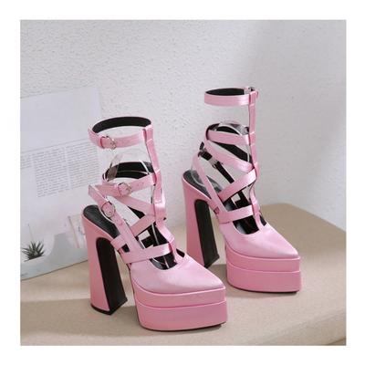 Мода Модный показ Пряжка ремня Заклепка Толстый каблук Сандалии 2024 Новые Острый носок Полый Сверхвысокий каблук Водонепроницаемая платформа Одинарная обувь Размер 42