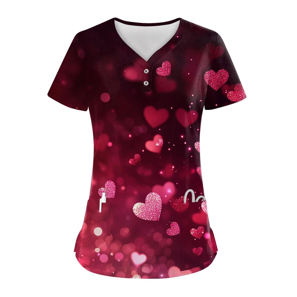 Женские модные повседневные топы с V-образным вырезом на пуговицах и принтом ко Дню святого Валентина, топы для кормящих мам, топы-халаты для женщин, 2 кармана