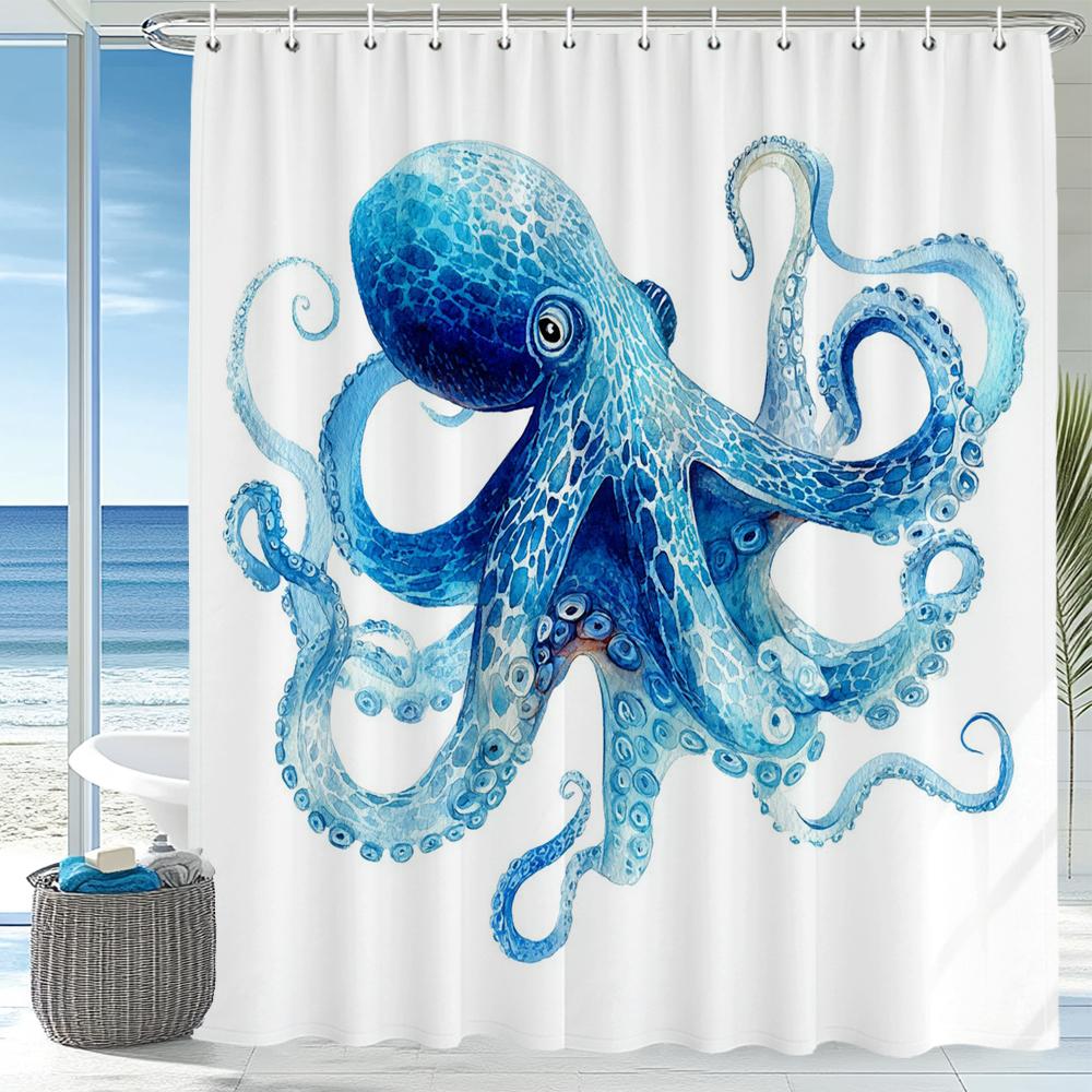 1Pc Octopus Shower Curtain Beach Blue Octopus Design Bathroom Decorative Printed Polyester Bath Curtain With Hooks