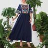 Плюс Размер Женщин Новый Винтажный Принт Лоскутная Эластичная Талия Прикрывает Живот Длинное Платье