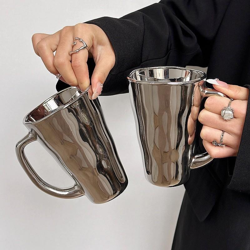 Silver Coffee Mug With Handle Stylish Milk Cup Polished Stainless Steel For Office Home Everyday Use