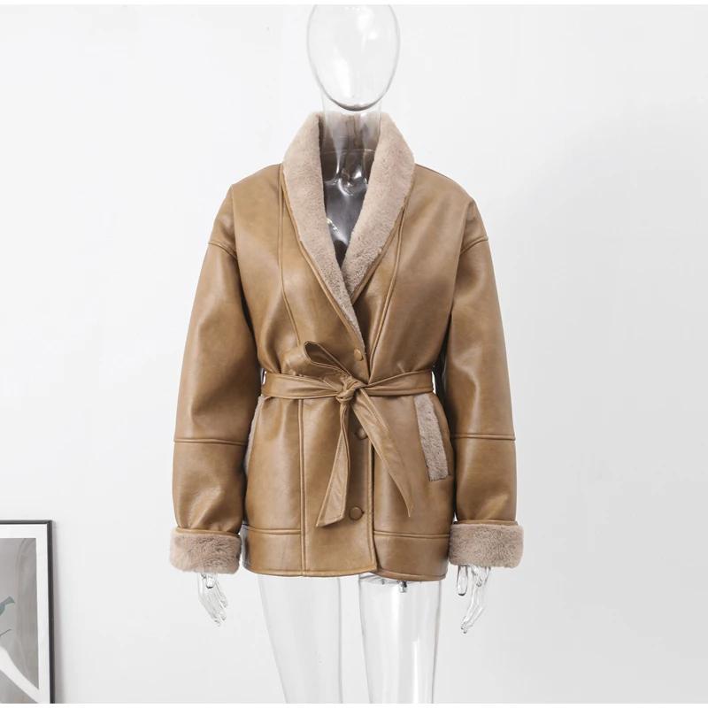 Зимние толстые плюшевые кожаные куртки женские офисные однобортные с отложным воротником пальто свободного покроя женские с длинным рукавом пальто топы