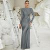 Women Evening Dress Pleated Knot Decor Slim Fit Round Neck Back Zipper