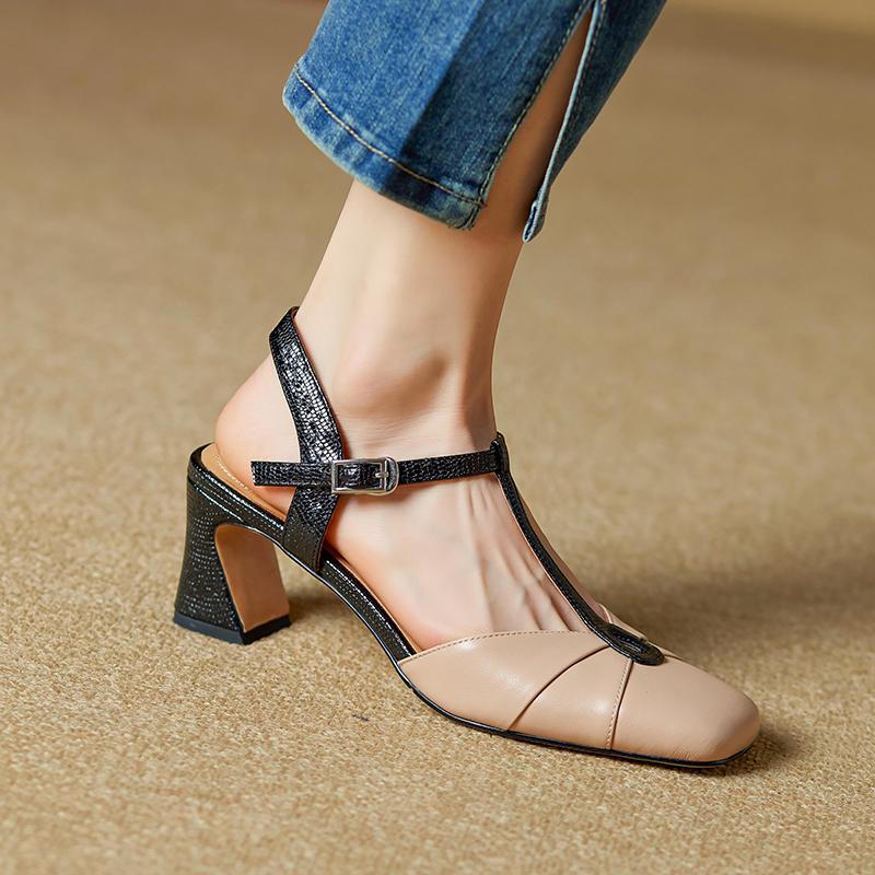 Fashion 2025 Summer Women Shoes Genuine Leather Shoes for Women Square Toe Chunky Heel Women Sandals Retro Cover Toe Ankle Strap Shoes