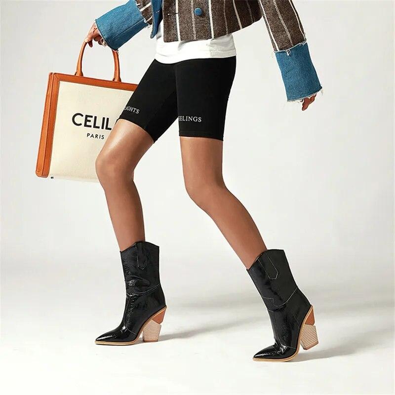 Snake Print Western Cowgirl Boots White Black Yellow Faux Leather Cowboy Ankle Boots For Women Wedge High Heel Boots Chunky