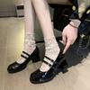 Fashion Hot Selling Spring and Autumn Fashion Women's Shoes Solid Color Square Toe Shallow Mid-heel One-line Buckle Women's Mary Jane