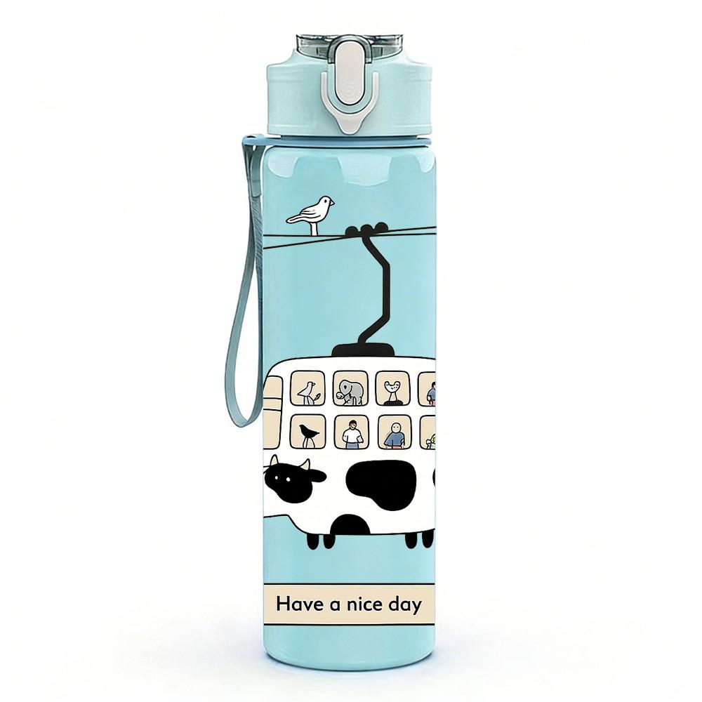 1PC Cow Cable Car Cartoon Print 750ml Color Plastic Sports Water Bottle Leakproof Flip Straw Lid Suitable for Sports Office Home Use
