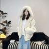 Winter Faux Mink Fur Hooded Puffer Jacket Unisex PU Leather Trim Thick Warm Cotton Coat Couples Men Women