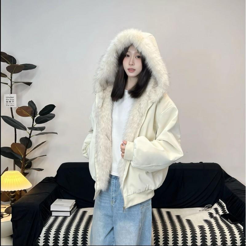 Winter Faux Mink Fur Hooded Puffer Jacket Unisex PU Leather Trim Thick Warm Cotton Coat Couples Men Women