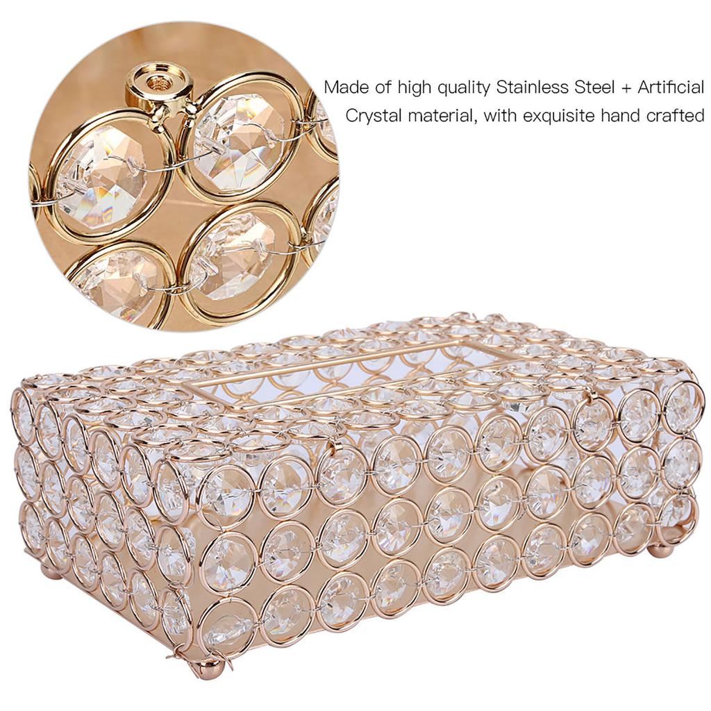 Rectangular Artificial Crystal Tissue Box Cover Tissue Paper Storage Holder Home Decor (Gold)