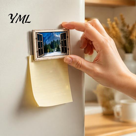 Wooden Window Ornament 1/6Pcs Fake Fridge Magnet, Natural Scenery Refrigerator Magnet Magnetic Decoration for Kitchen Office Whiteboard Landscape