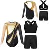 Girls Dance Costume 3 Piece Set Keyhole Back Leotard Mesh Sleeves Contrast Color Vest Rhinestone Shorts