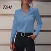 Natural Feel Women Top Shirt Lapel Long Sleeve Faux Pearl Decor Regular Fit Solid Color Simple Lightweight Blouse