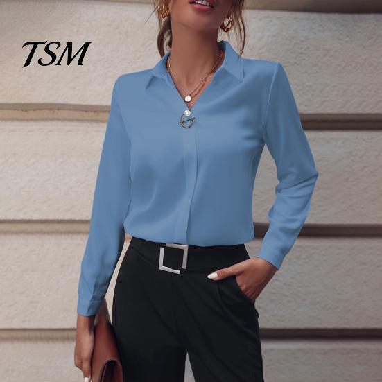 Natural Feel Women Top Shirt Lapel Long Sleeve Faux Pearl Decor Regular Fit Solid Color Simple Lightweight Blouse