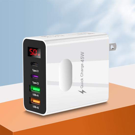 Зарядный адаптер для телефона Type-C USB 4 порта Быстрая зарядка 45 Вт Высокая мощность с цифровым дисплеем Зарядная головка с вилкой US для iPhone для Huawei