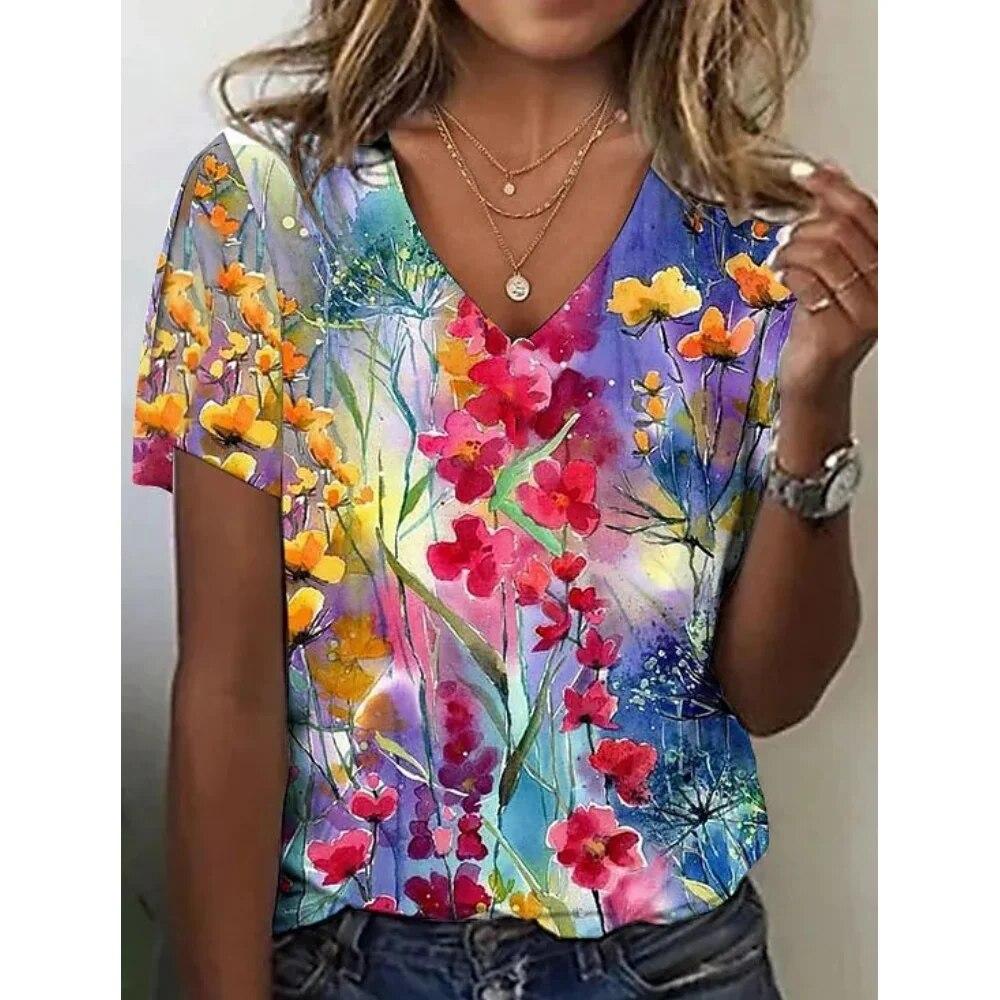 Fashion Women'S T-Shirt 3d Flowers Print Clothing V-Neck Short Sleeve Tops Summer Harajuku Ladies Pullover Oversized Female Tees
