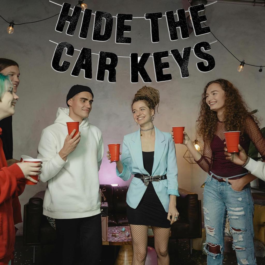 Pre-Strung Hide The Car Keys Banner - Black Glitter, 16th Birthday Decorations for Girls, 15th Birthday Decorations for Boys, Sweet 16 Party