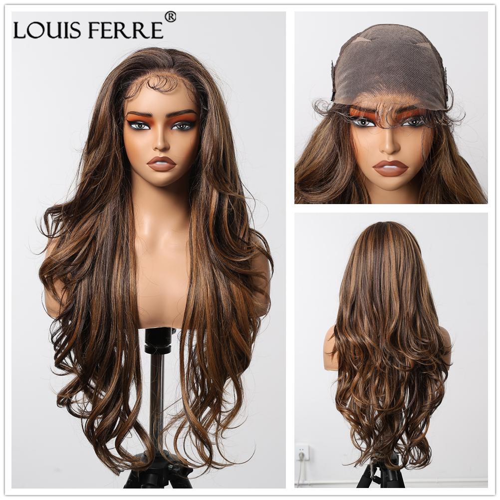 LOUIS FERRE Парики из кружева HD 13x6, синтетический черный парик, длинные волнистые парики с детскими волосами для женщин, повседневные парики из термостойкого волокна для вечеринок
