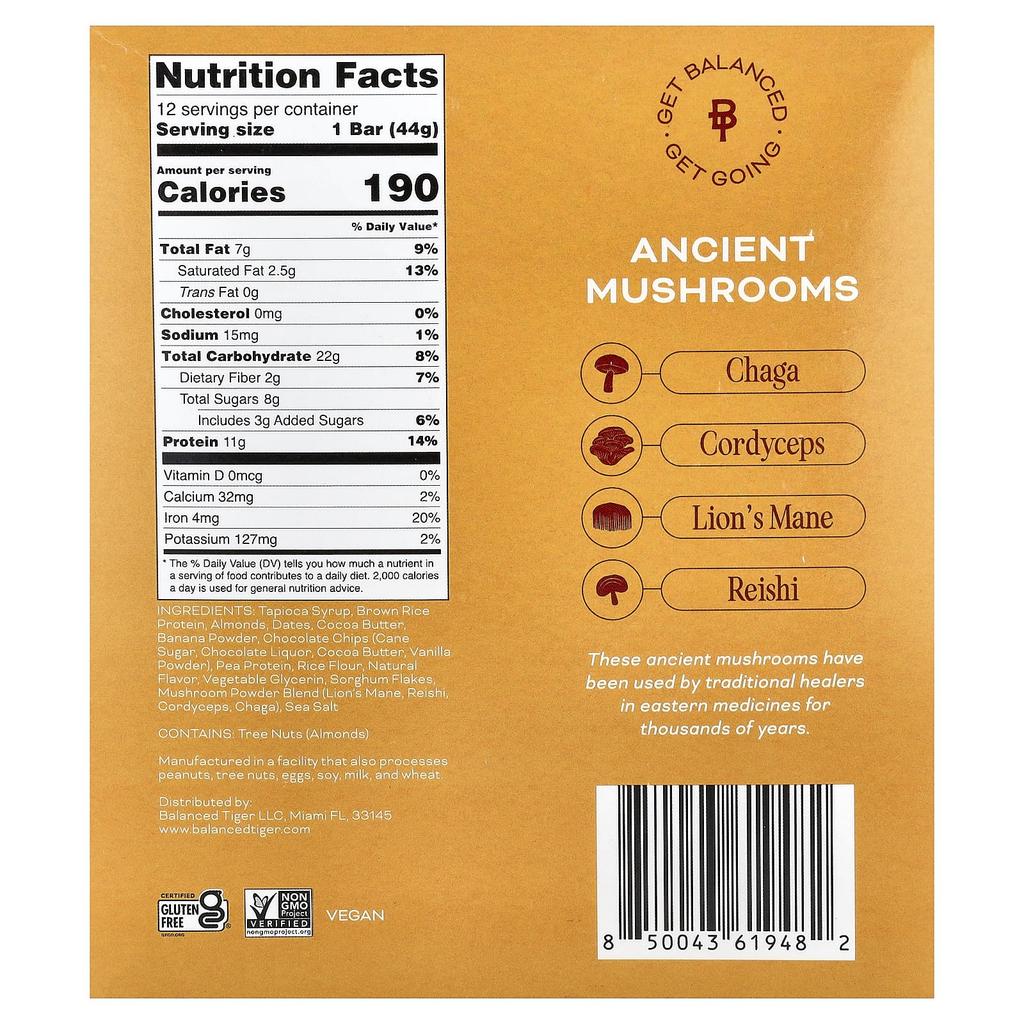 Balanced Tiger Protein Bar, Banana Chocolate Chip, 12 Bars, 44g (1.55oz) Each