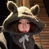 Cute Rabbit Ears Balaclava Women's Autumn and Winter Gray Hat Warm Ear Protection Beanie Trendy