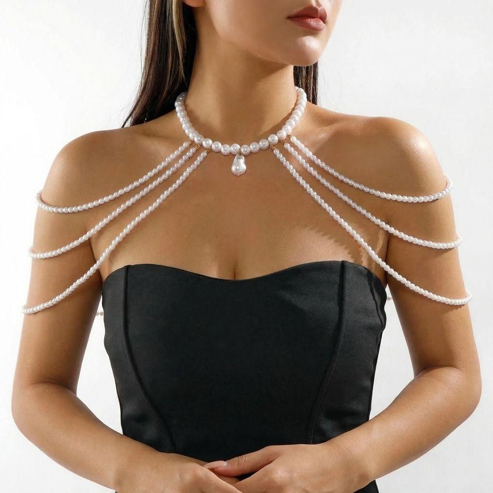 Multi Layer Imitation Pearl Shoulder Chain Beads Bridal Tassel Necklace Banquet Parties