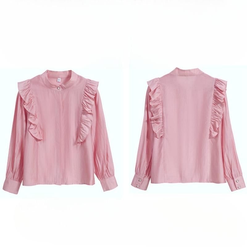 Рубашки повседневные женские с розовым грибковым краем и длинным рукавом, с оборками, винтажные, элегантные, женские блузки, топы, однотонные, модные, приталенные, женская одежда 26349