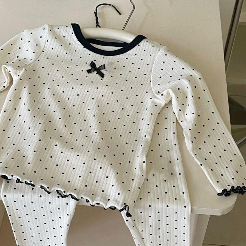 2Pcs/Set Korean Fashion Sweet Sleeping Wear For Kids Girls Black Dot Style Bow Pajama Sets Spring Summer Soft Cotton Housewear Clothes