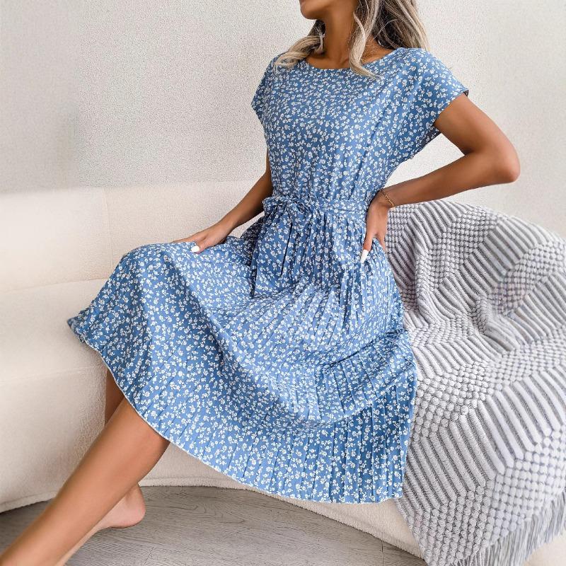 Ins Style Spring and Summer New Casual Short-sleeved Floral Large Swing Pleated Skirt European and American Women's Clothing