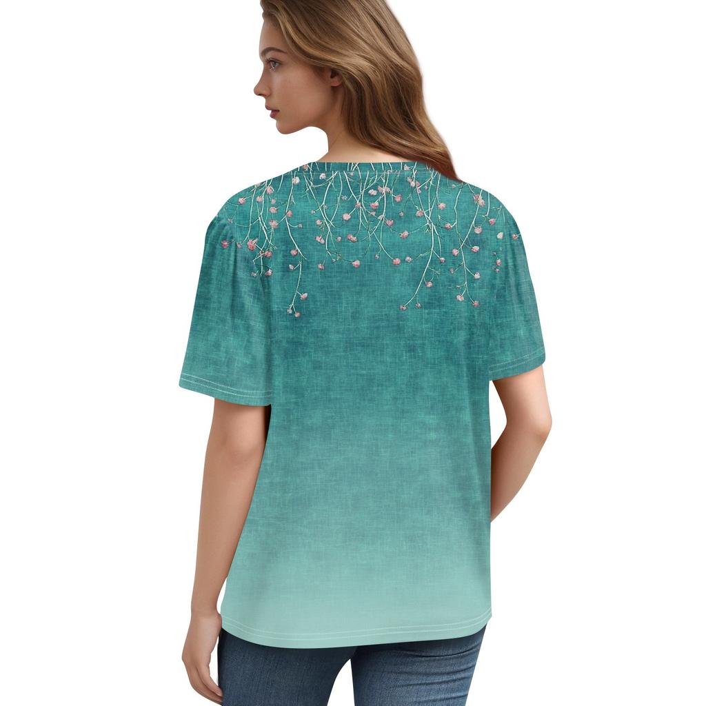 Women's Fashionable Casual Short Sleeve Button Print V-Neck Pullover Top