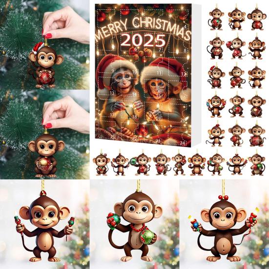 Обезьяна Адвент-календарь 2025 2D Акриловая Обезьяна Подвесное Украшение для Рождественской Елки 24 Дня