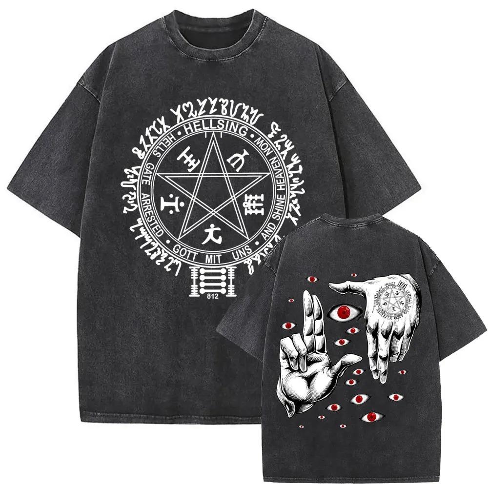 Hot Sale Anime Hellsing Abraham Van Helsing Vampire Alucard Print Tshirt Men Women Vintage Washed Cotton Summer Tee Oversize Top