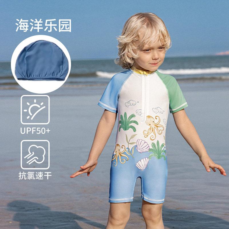 Boys Cartoon One Piece Swimsuit Short Sleeve UV Protection Quick Dry Summer Beach Vacation Swimwear For Kids
