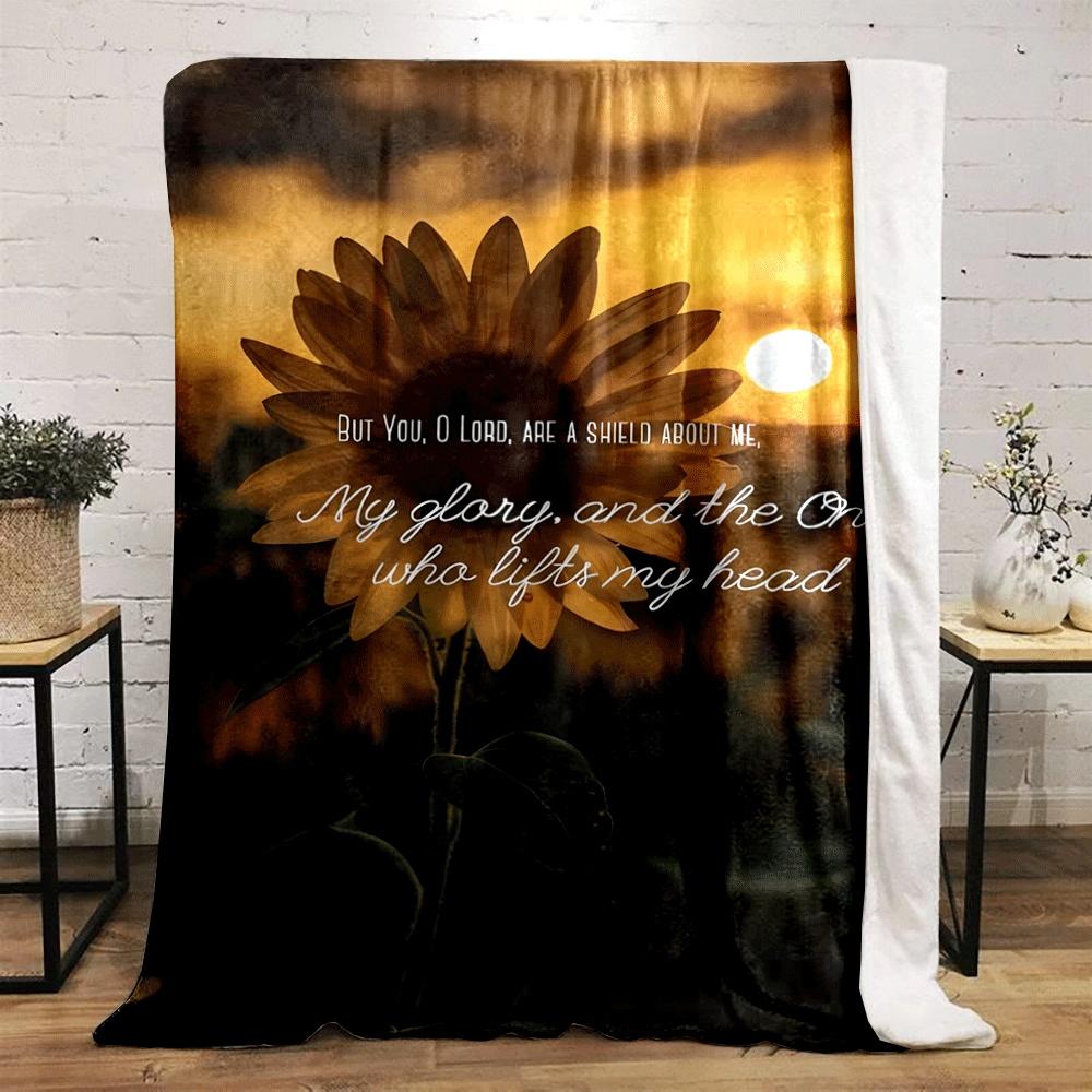 A sunflower with text overlay against a warm sunset background. for all seasons blanket lunch break throw gift