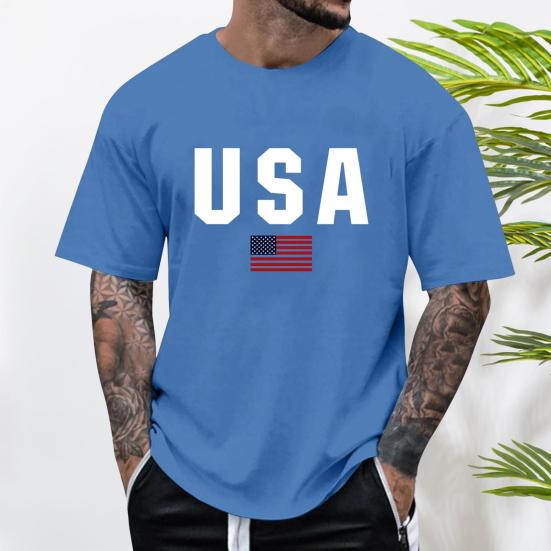 Men T-shirt Round Neck Short Sleeve Slim Fit Tee Shirt USA Pattern Versatile Tee Tops Running Fitness Tops Daily Wear