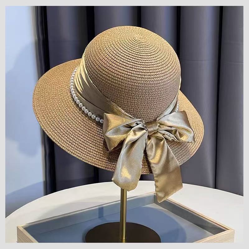French Elegant Ribbon Bow Pearl Grass Hat Women's Summer Dome Sunscreen Travel Shade Versatile Eaves Hat