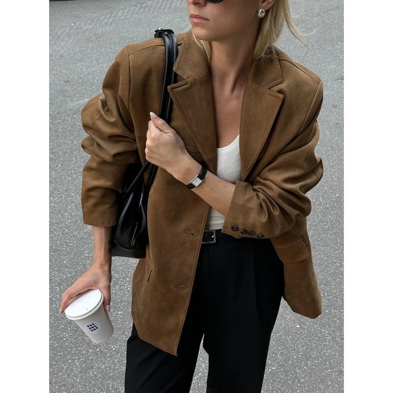 Vintage Women Loose Suede Jackets 2024 Fashion Ladies Oversize Brown Faux Leather Outfit for Female HighStreet Chic Clothes Cute