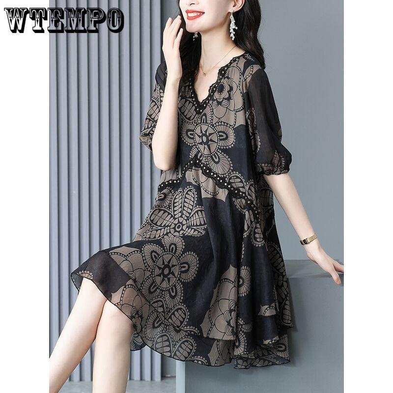 Женское летнее шифоновое платье в стиле ретро с v-образным вырезом и принтом, модное свободное платье трапециевидной формы