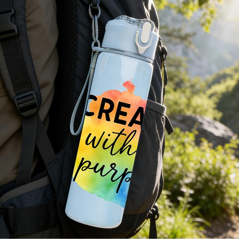 1PC Created With Purpose Cross Quote Pattern 750ml Color Plastic Sports Water Bottle Leakproof Flip Straw Lid Suitable for Sports Office Home Use