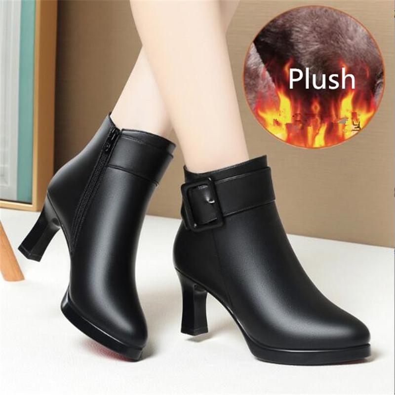 Women High Heels Genuine Leather Women Ankle Boots Autumn Winter Platform Plush Ladies Boots Brand Fashion Women Shoes