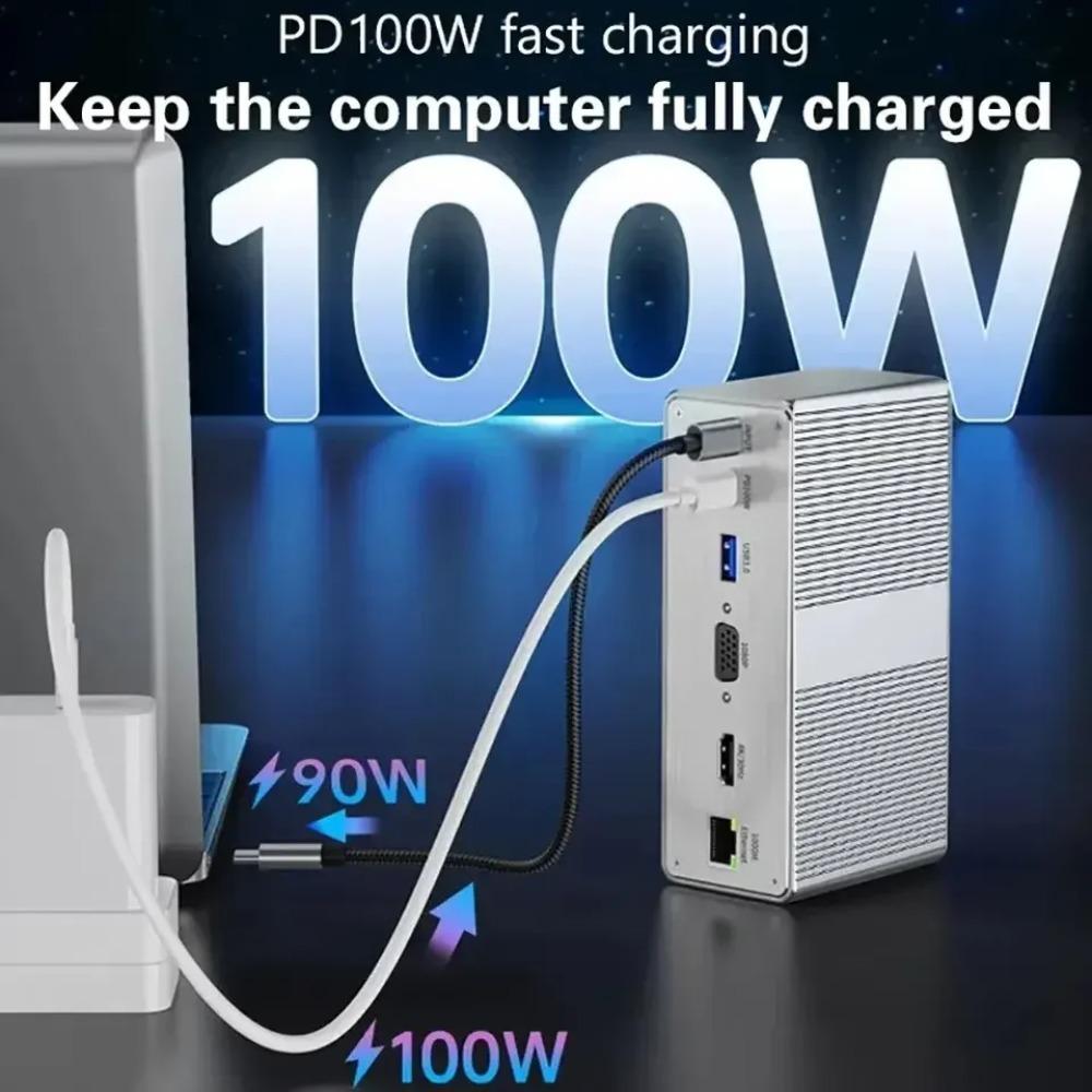 13-in-1 USB-C Docking Station with 4K HDMI-compatible Display VGA 100W PD Gigabit Ethernet Audio & SD/TF Card Reader for MacBook