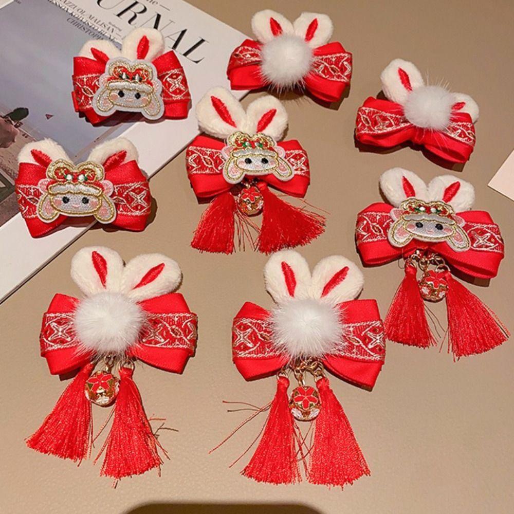 Bunny Plush Rabbit Hairpin Tassel Chinese New Year Headwear Sweet Bow Hair Clip  Children