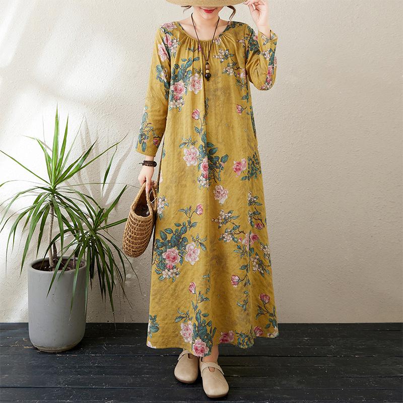 Осеннее литературное платье больших размеров с принтом, свободным круглым вырезом и длинными рукавами для женщин, платья