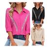 Women Shirt Lapel Long Sleeve Buttons Placket Shirt with Rhinestones Tassel Solid Color