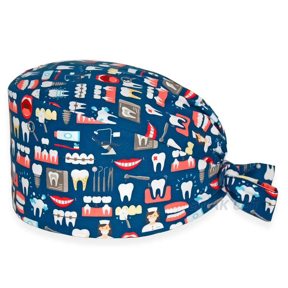 New Women Men Surgicals Hat with Buttons Adjustable Bouffant Teeth Print Working Nursing Cap Dental Clinic Scrubs Hats Long Hair