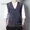 Men Autumn Winter Cardigan Sweater Single-breasted V Neck Sleeveless Buttons Color Matching Stretchy Pockets Knitted Vest Mid-aged Male Top