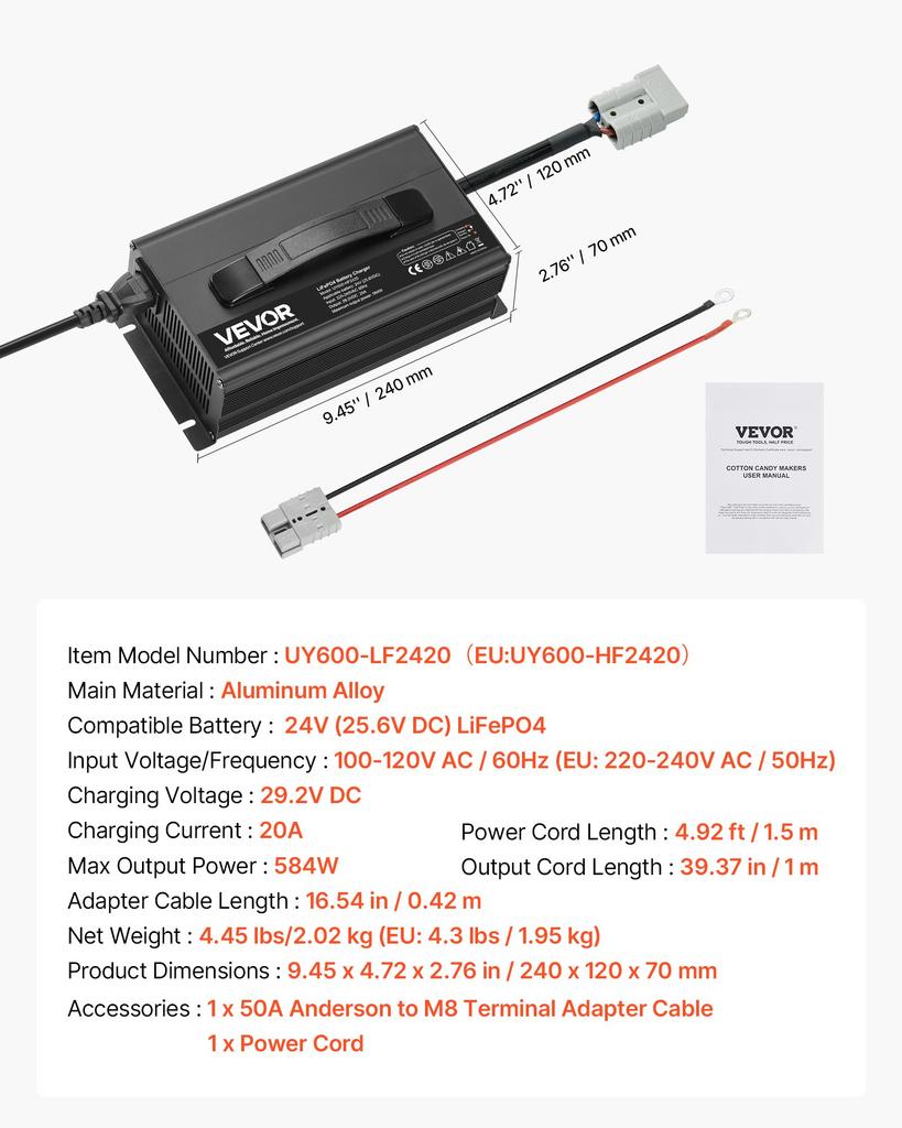 VEVOR 24V 20A Lithium Battery Charger, 29.2V, AC-DC LiFePO4 Smart Charger, with Anderson Connector, LED Indicator, 0V Activation