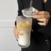 Stripe Glass Tumbler with Lid & Straw 600ml Reusable Glass Coffee Cup for Iced Juice Milk Tea Iced Coffee Dishwasher Safe Transparent Drinking Glasses